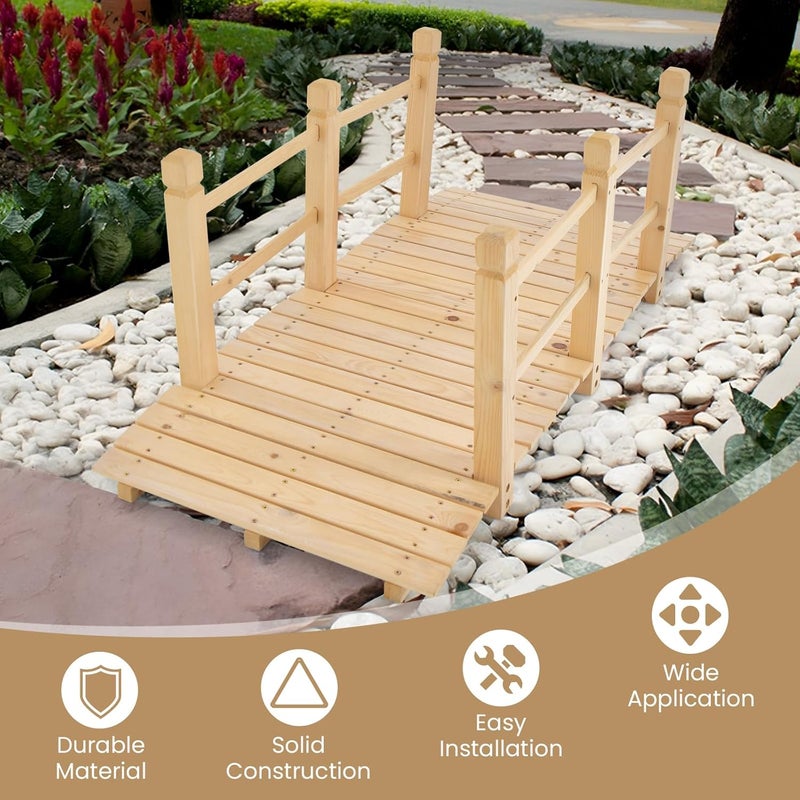 HAPPYGRILL 5FT Wooden Garden Bridge, Decorative Pond Landscaping Bridge with Classic Arc Footbridge & Double Safety Railings, Garden Bridges for Outdoors, Backyard, Garden Farm (Natural) - Image 5
